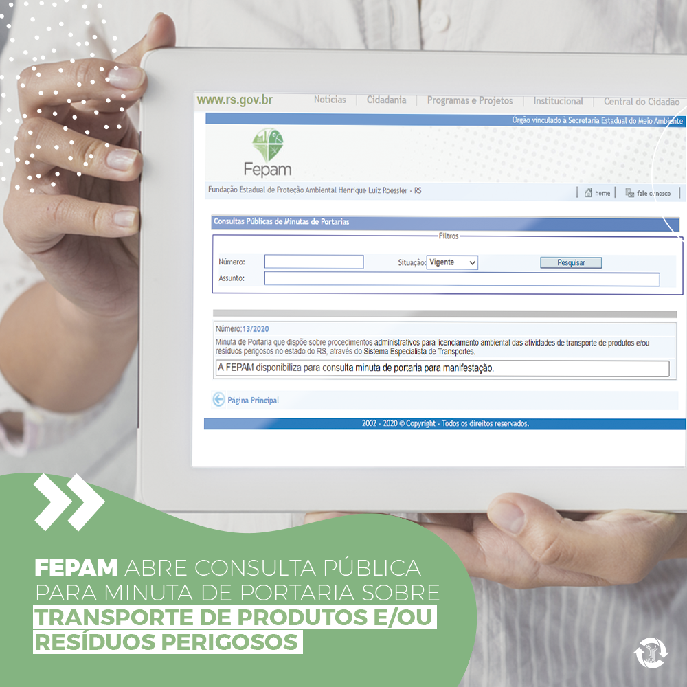 Fepam abre consulta pública para minuta de Portaria sobre transporte de produtos e/ou resíduos perigosos.